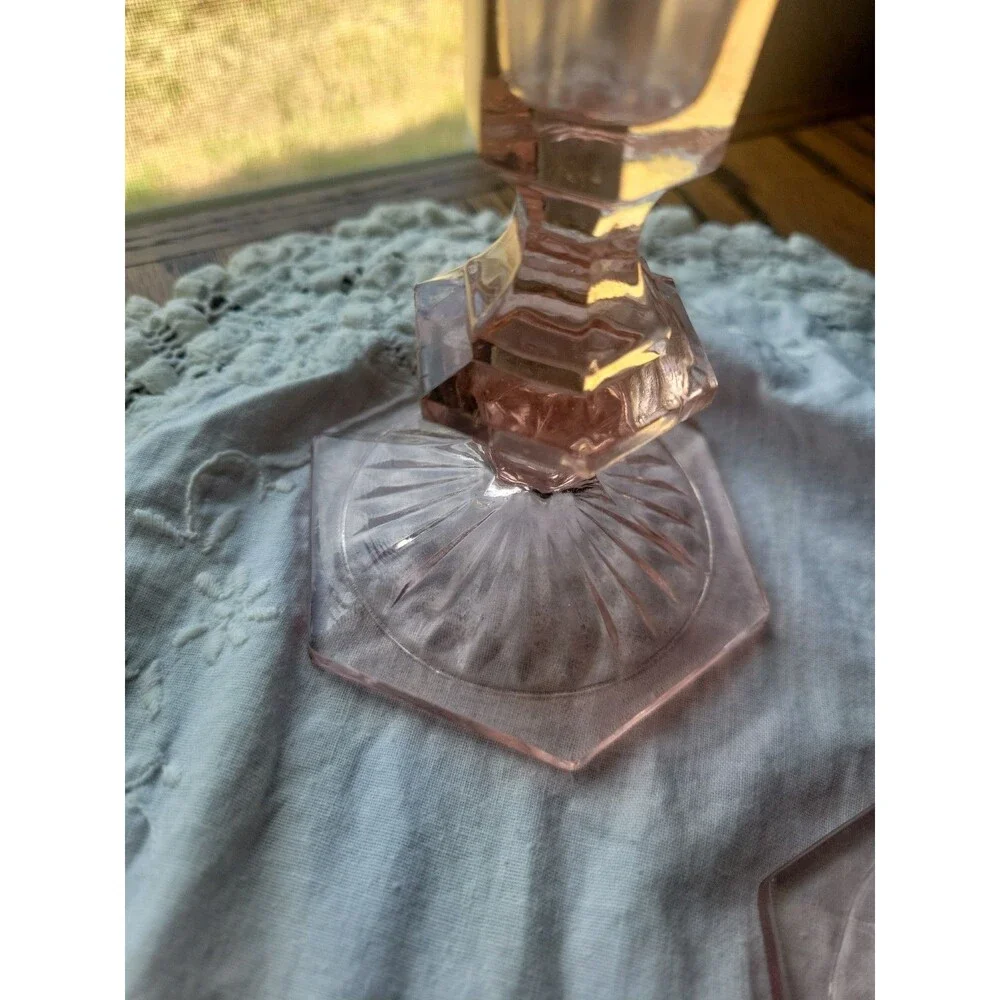 Vtg Depression Glass Pair of Dark Rose Pink Candlestick Holders  5